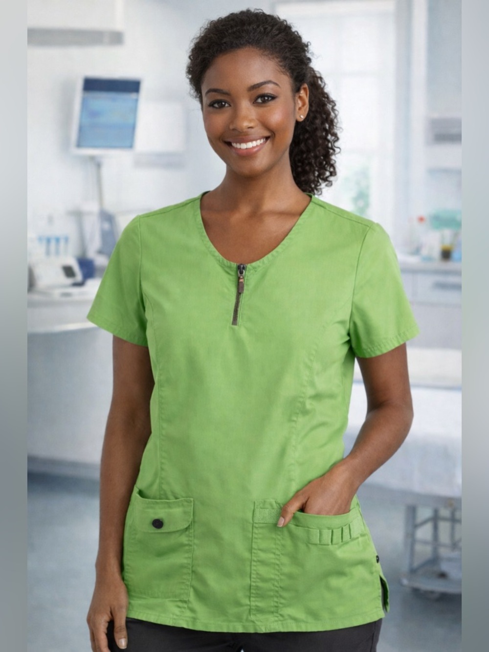 Beyond Scrubs XS Lime Green Zip Front Top Stretch Medical Scrub